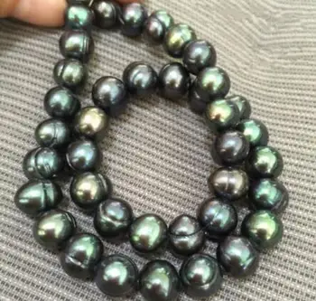 17inch nuostabiu tahitian 9-10mm juoda žalia perlų karoliai 925silver UŽSEGIMAS