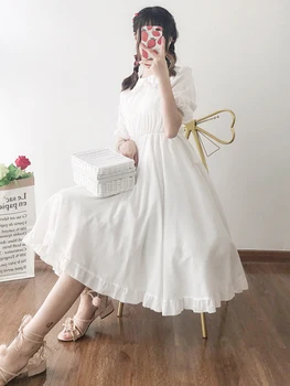 2020 Naujas Vasaros Moterų Hipster Japonijos Princesė Suknelė Lėlės Apykaklę, Trumpas Rankovėmis Suknelė Baltos spalvos Ilgas Tipas lolita dress