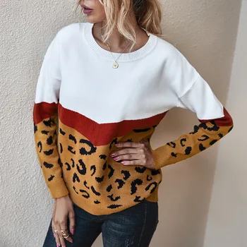 2021 Aukštos Kokybės Moterų Vilnos SweaterLadies Rudens Žiemos Megztinis Leopardas Spausdinti Susiuvimo Apvalios Kaklo Megztinis Didelio dydžio