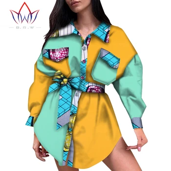 Afrikos Stilius Moterų Šiuolaikinės Mygtukai Marškinėliai su Diržu Dashiki Spausdinti Viršūnes Tranšėjos Paltai Outwear Moterų Drabužiai Ilgai SleevWY5390