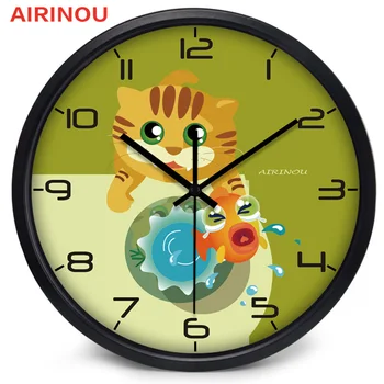 Airinou Kūrybos animaciją kačių ir žuvų kvarcinis laikrodis, vaikų kambario laikrodis 12inch 14inch