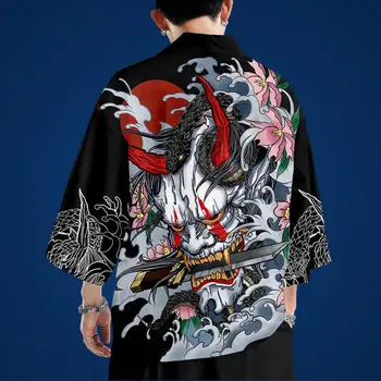 Black Print Vyrų Kimono Megztinis Atsitiktinis Japonijos Yukata Vyrų Cosplay Streetwear Haori Streetwear Prarasti Paplūdimys Kimono Atidaryti Dygsnio
