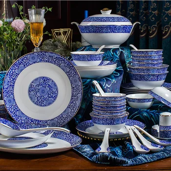 Duci Jingdezhen 58 vienetų kaulų kinijos stalo rinkiniai, dubenys ir indai, namų dovanos, mėlyna ir balta glazūra