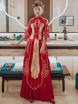 Duobute Blizgučiai Siuvinėjimas Tassle Cheongsam Tradicinės Kinų Pora Vestuvių Kostiumą Elegantiškas Bride Tuoktis Suknelė китайская одежда