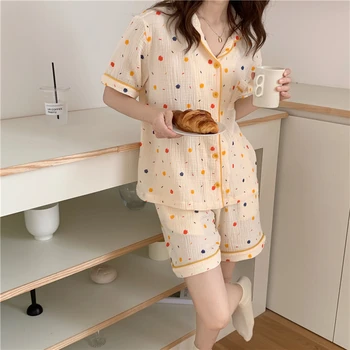 Geltona Vasaros Pižama Nustatyti Moterys Viena Breasted Marškinėliai Sleepwear Namų Kombinezonas Šortai Nustatyti Kawaii Saldus Korėjos Medvilnės Homewear