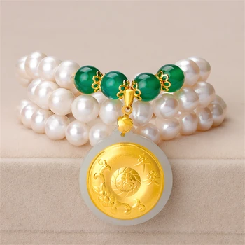HABITOO Moterų 999, Auksas ir Jade Apvalus Pakabukas 7-8mm Baltos spalvos Gėlavandenių Perlų Vėrinį Green Jade Granulių Choker bižuterijos