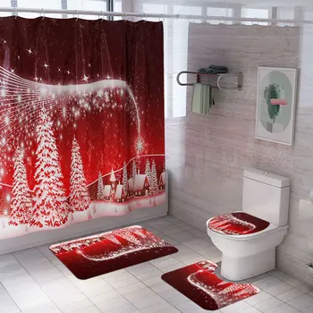 Kalėdų Santa Claus Dušo Užuolaidų Komplektas Dušo Užuolaidos Tualeto Kilimėlis Rinkinį vonios kilimėlis Nustatyti neslidus Tualeto Kilimėlis Rinkinys Vonios kambariui, kilimas 4pcs