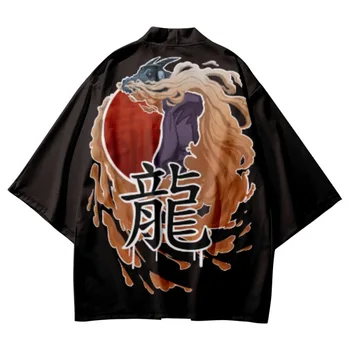 Kinijos Drakonas Spausdinami Juoda Pora Moterų, Vyrų Tradicinis Japonų Kimono Paplūdimio Šortai Streetwear Cardigan Yukata