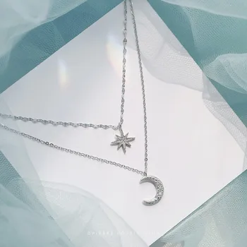 Mados 925 Sterling Silver Star Mėnulis Dvigubo sluoksnio Karoliai Cirkonis Pakabukas Kaklo Moterims Bauda Papuošalai, Aksesuarai