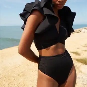 Moterų High Waisted maudymosi kostiumėlį, Kietas Paplūdimio Juodos Spalvos Bikini Du Mados Gabalus Moterims