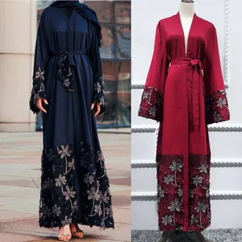 Musulmonų suknelė moterims islamo drabužių turkijos nėrinių susiuvimo trimatis gėlių caftan skraiste rungtynės tos dalies hijab šalikas