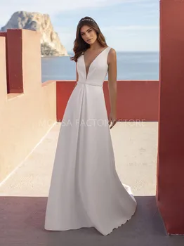 Paplūdimys Vestidos De Novia White Satin Vestuvių Suknelės 2021-Line V Kaklo Duobute Pigūs Paprastas Vestuvių Suknelė Nuotakos Apdaras De Mariée