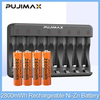 PUJIMAX 4/8/12Pcs 1.6 V Įkraunamas Ni-Zn Baterijų 2800mWh Didelės Talpos Bateriją, Su Originaliu 8-lizdas Ni-Zn Baterijos Kroviklis