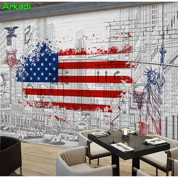 Rankomis dažyti miesto centro gatvės scena Amerikos vėliavą Laisvės Statula freska baras, Vakarų restoranas, Kavinės fone Sienos popieriaus