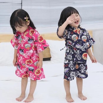 Rytietiškas Japonų Stiliaus Tradicinių Yukata Vaikams Mergaičių naktiniai marškiniai, pižamos Sleepwear Medvilnės Patogiai Mielas Animacinių filmų Kimono Jinbei Rinkinys
