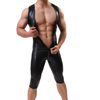 Seksualus Vyrai Bodysuits Dirbtiniais Odos, Užtrauktukas Atvira Tarpkojo Gėjų Catsuit Fitneso Rankovių Bodysuits Šortai Imtynių Singlet Undershirt