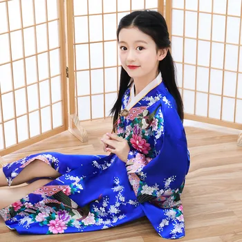 Spausdinti Vaikai Japonų Kimono Stiliaus SKRAISTE, Cosplay Satino Suknelė ilgomis Rankovėmis Atsitiktinis Mergina V-Kaklo, Ilgai Kostiumai Yukata