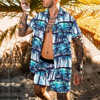 Trumpas Spausdinti Mados Rankovėmis Havajų Marškinėliai Nustatyti Vyrų Paplūdimio Kokoso Spausdinti Šortai vyriški Kasdien Paplūdimys Marškinėliai Nustatyti Dviejų dalių S-3XL