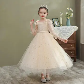 Šampanas Tiulio China Gėlių Mergaitė Vestuvių Suknelė Off Peties Vaikai Vakare Šalis Suknelė Ilgai Prom Princesė Oficialių Gimtadienio Suknelės